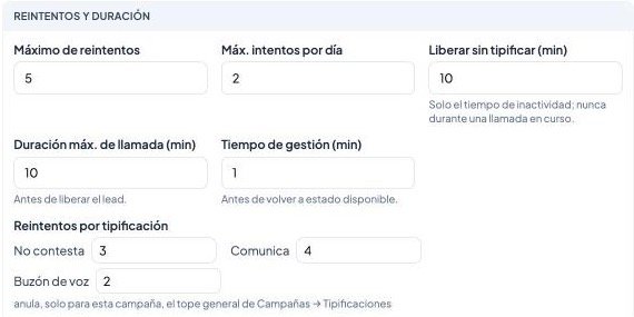 Configuración de marcado: reintentos, duración y topes por tipificación